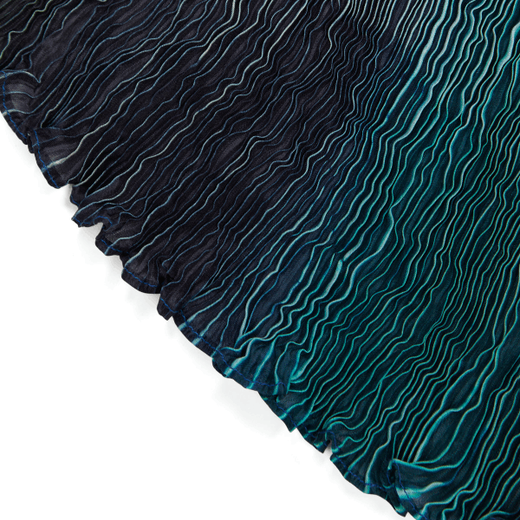 A close up of a green and deep blue pleated scarf.