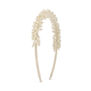 A beaded headband with white faux pearls on a metallic base.