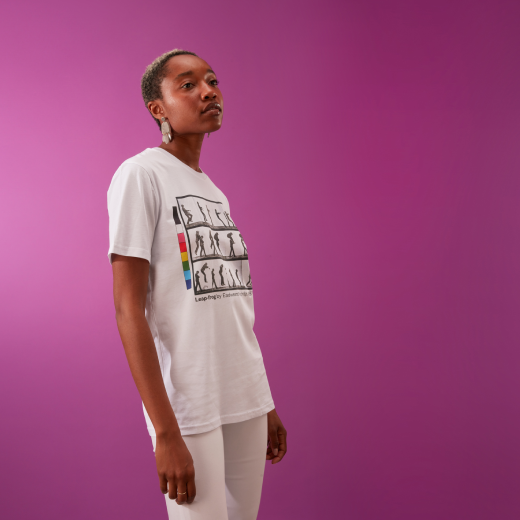 Model is a UK 6 and wears size small Eadweard Muybridge Leapfrog t-shirt