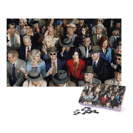 A complete jigsaw puzzle featuring the photograph of a crowd of people. An image of the jigsaw box is pasted on the bottom right corner of the frame.