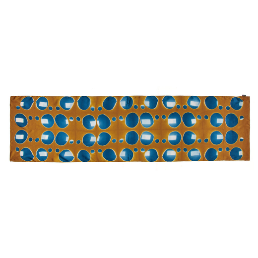 A yellow and blue scarf laid flat on a white background.
