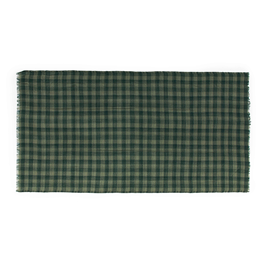 A green check scarf photographed laid flat on a white background.