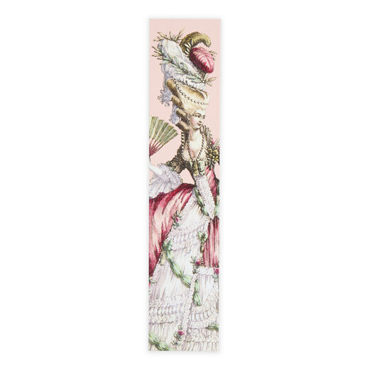 Pink bookmark featuring a fashion illustration depicting a court lady in lavish dress holding a fan.