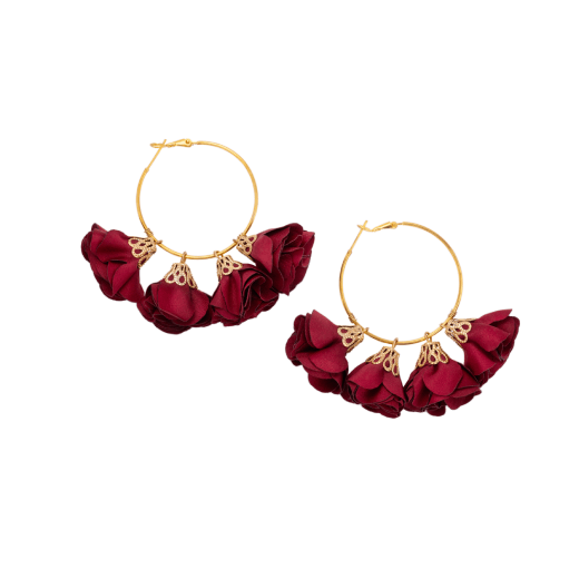 A pair of hoop earrings featuring an array of red fabric rosettes.