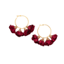 A pair of hoop earrings featuring an array of red fabric rosettes.