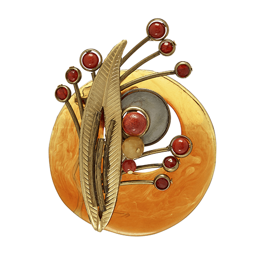 Bakelite and mother of pearl brooch, featuring recycled vintage stones and materials