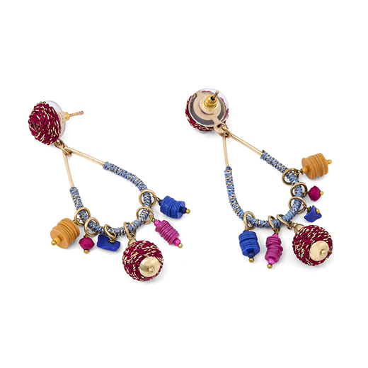 A pair of hook earrings featuring a cluster of colourful beads in shades of red, blue and hot pink.