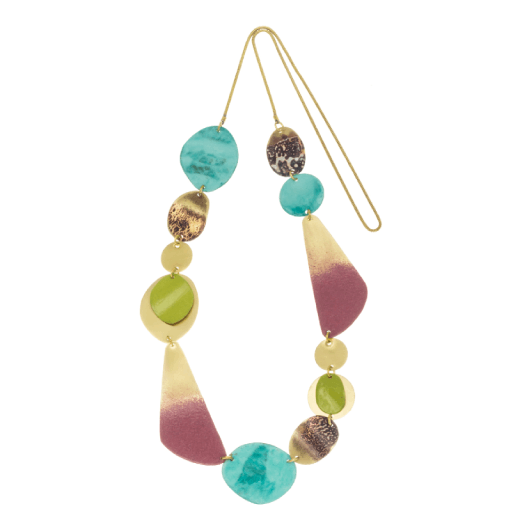 A statement necklace featuring various organic shapes in various colours.
