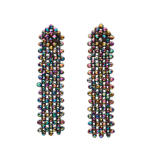 A pair of beaded purple earrings. 