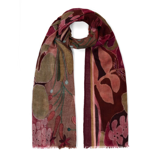 Lightweight wool scarf with pattern of delicate flowers in warm tones