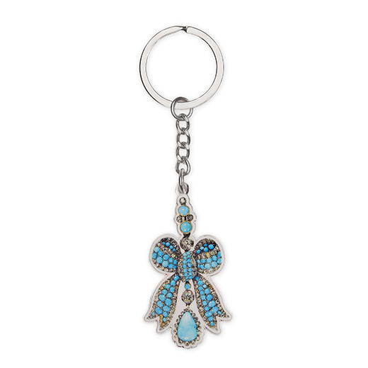Metal keyring featuring a blue bow design