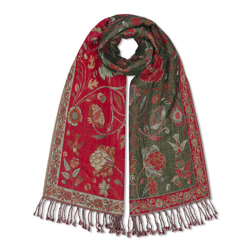 Red and green floral wool blend scarf