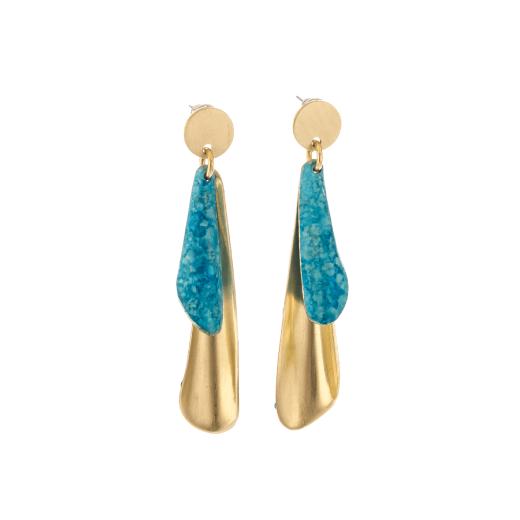 A pair of brass stud earrings featuring an elongated, tubular shape in gold and blue colours.