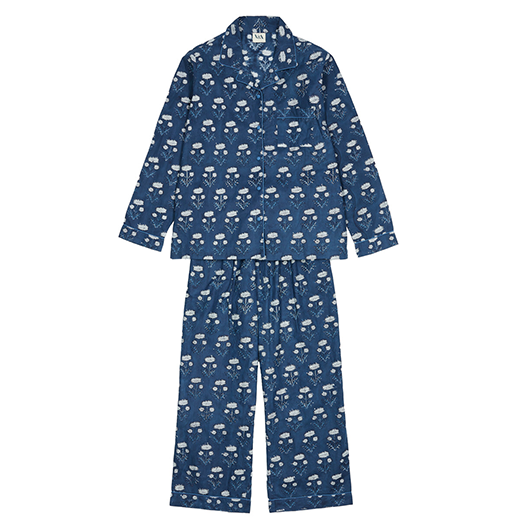 Indigo lounge set with handprinted floral pattern