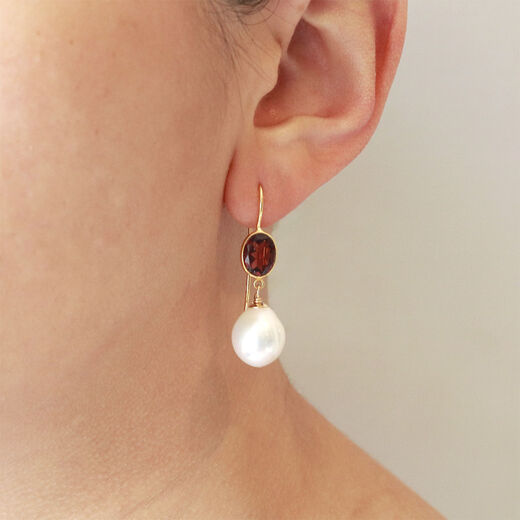 Garnet and pearl hook earrings by Mounir
