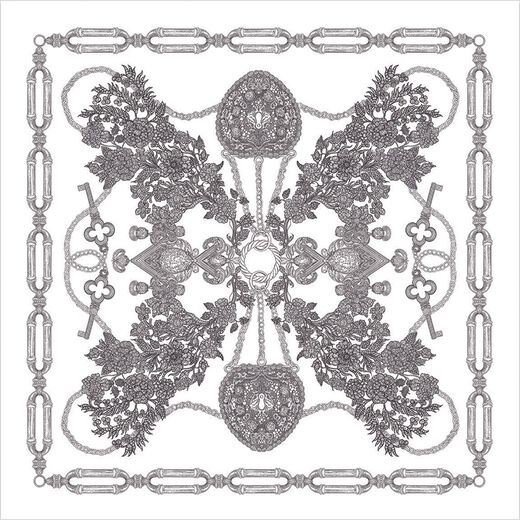 A square print featuring an black and white illustration. Various jewellery pieces are drawn together to create a pattern.
