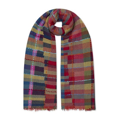 Multicoloured embroidered checked wool scarf