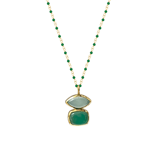 Gold chain necklace with a pendant made of two green stones.