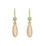 A pair of drop earrings featuring iridiscent drops of green resin descending from a small round green stone.