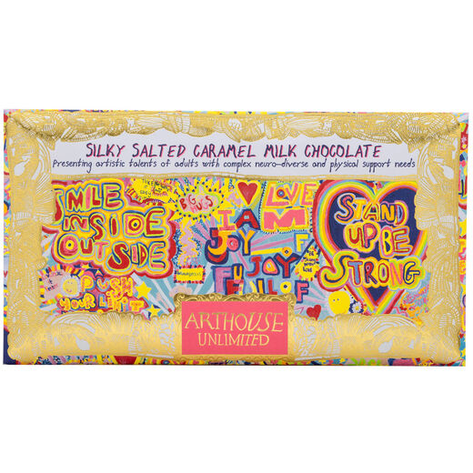 Silky salted caramel milk chocolate by ARTHOUSE Unlimited. Wrapped in gold paper decorated with colourful text based artworks.