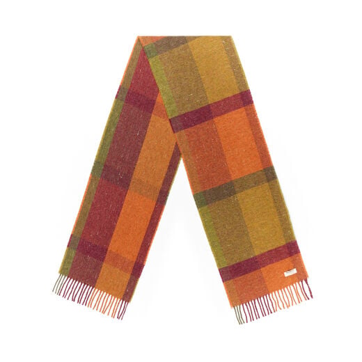 Orange and lime plaid recycled merino wool scarf