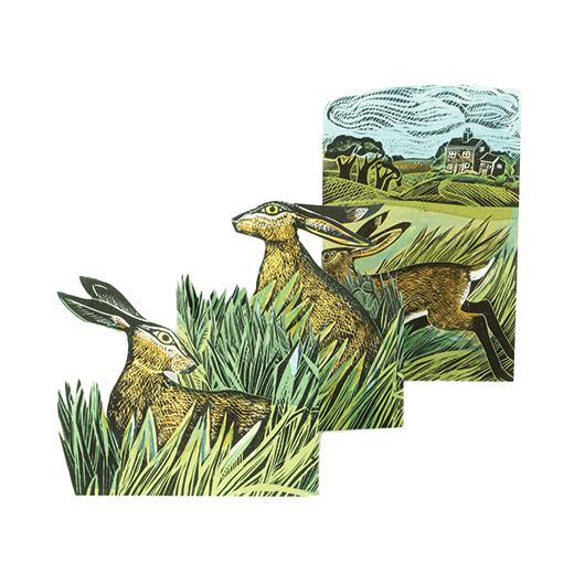 Hares and open field concertina greeting card
