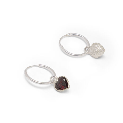 Garnet heart silver hoop earrings by Jo Cooper