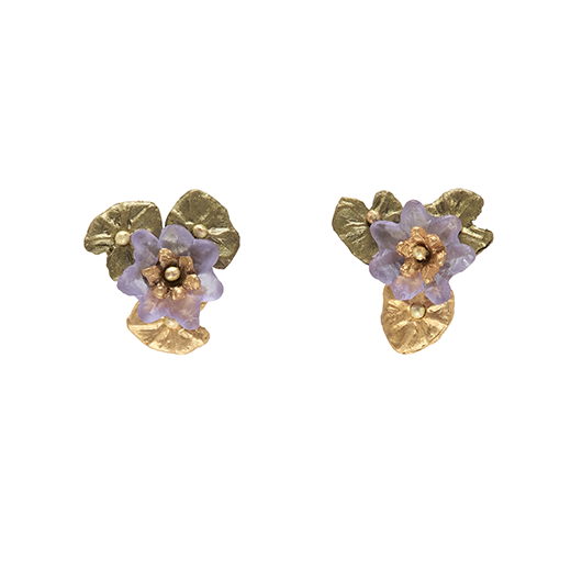 Glass and hand painted bronze stud earrings featuring a waterlily design