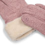 A pair of dusty pink wool gloves, featuring a wide faux fur cuff.