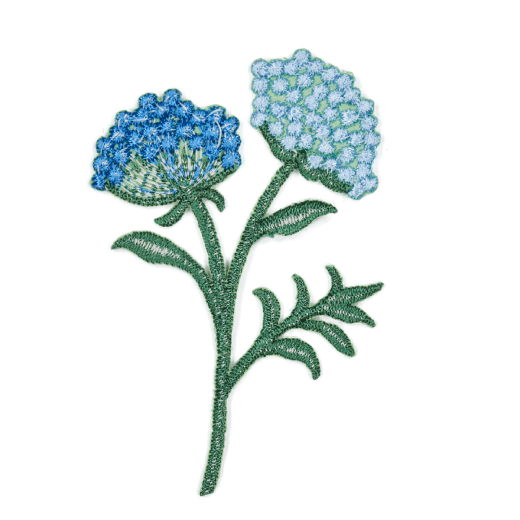 An embroidery patch in the shape of a bunch of two peonies.