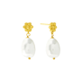 A pair of earrings featuring a teardrop shaped white pearl and gold studs.