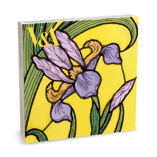 A notecards pack featuring a floral pattern with purple iris on a bright yellow background.