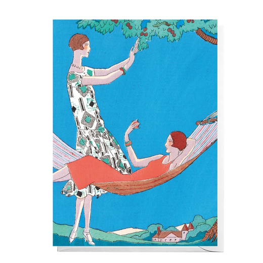 Greeting card of ladies chilling on a hammock