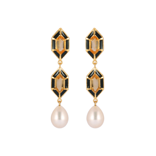 A pair of black and red drop earrings, each featuring three hexagonal pendants and a pearl.
