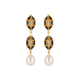 A pair of black and red drop earrings, each featuring three hexagonal pendants and a pearl.
