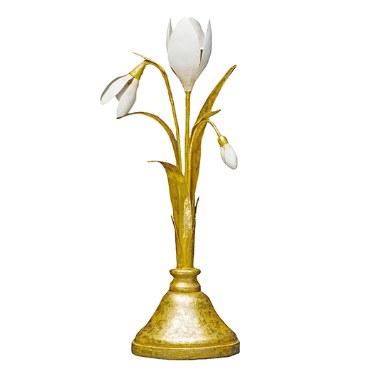 Hand-embossed metal candlestick with resin accents, in the form of a winter snowdrop 