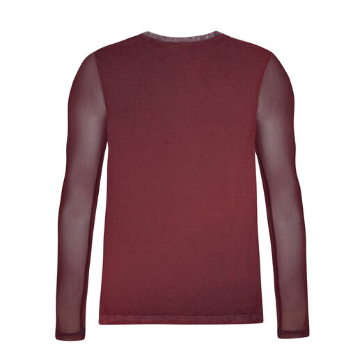 View of the back of a deep red David Bowie unisex mesh top.