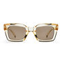 A pair of boxy sunglasses with brown transparent frame and matching lenses.