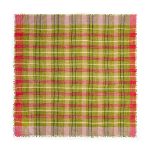 Madras check green and red wool square scarf