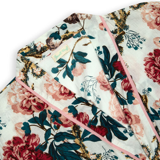 Close up of the fold over collar of a cotton floral dressing gown.