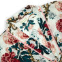 Close up of the fold over collar of a cotton floral dressing gown.