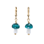 A pair of earrings, each with a teal and white mushroom pendant.