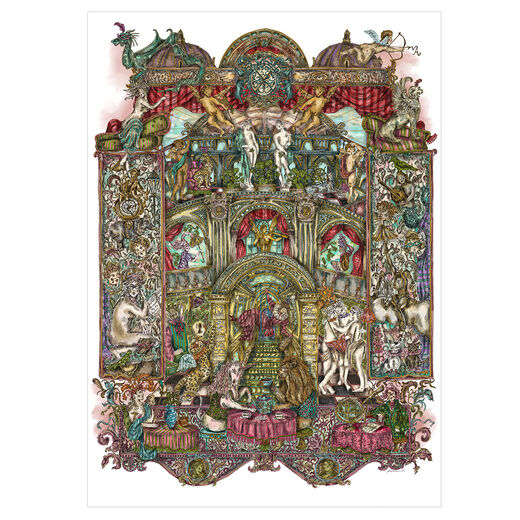An intricate print including various architectural motifs and objects taken from the Victoria and Albert Museum.