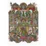 An intricate print including various architectural motifs and objects taken from the Victoria and Albert Museum.