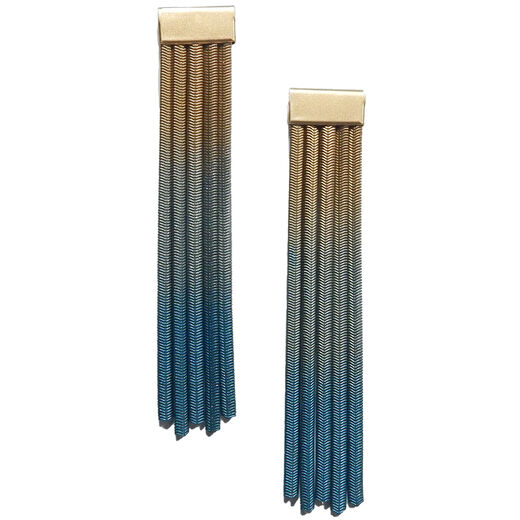 Gold and green gradient long fringe earrings by Sarah Cavender