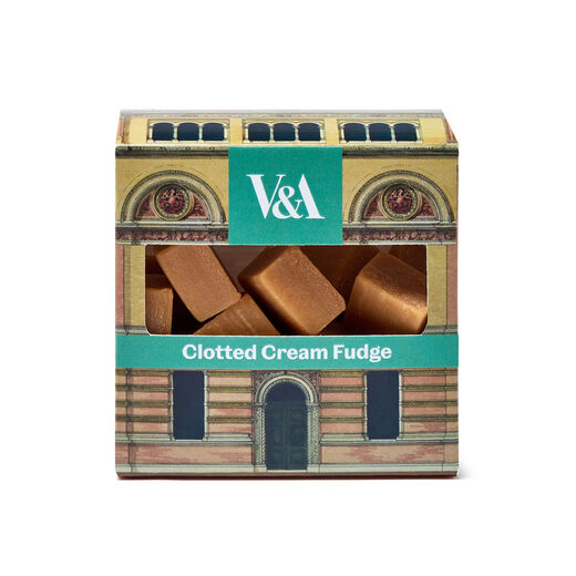 A box of cream clotted fudge featuring a print of the V&A museum's facade.
