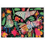 Colorful print featuring painted birds on a black background.