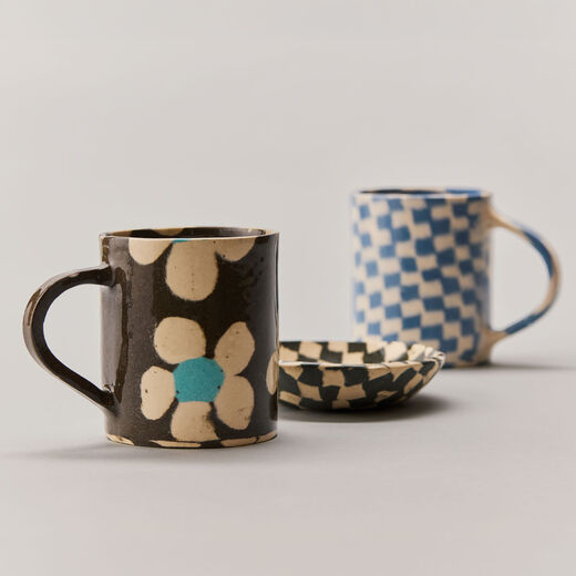 Blue check coffee mug