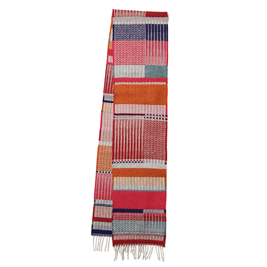A multicoloured patterned scarf with pink, orange, cream, and blue yarns.