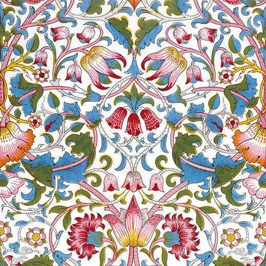 A floral Arts and Craft pattern featuring pink flowers and blue and green leaves on a white background.
